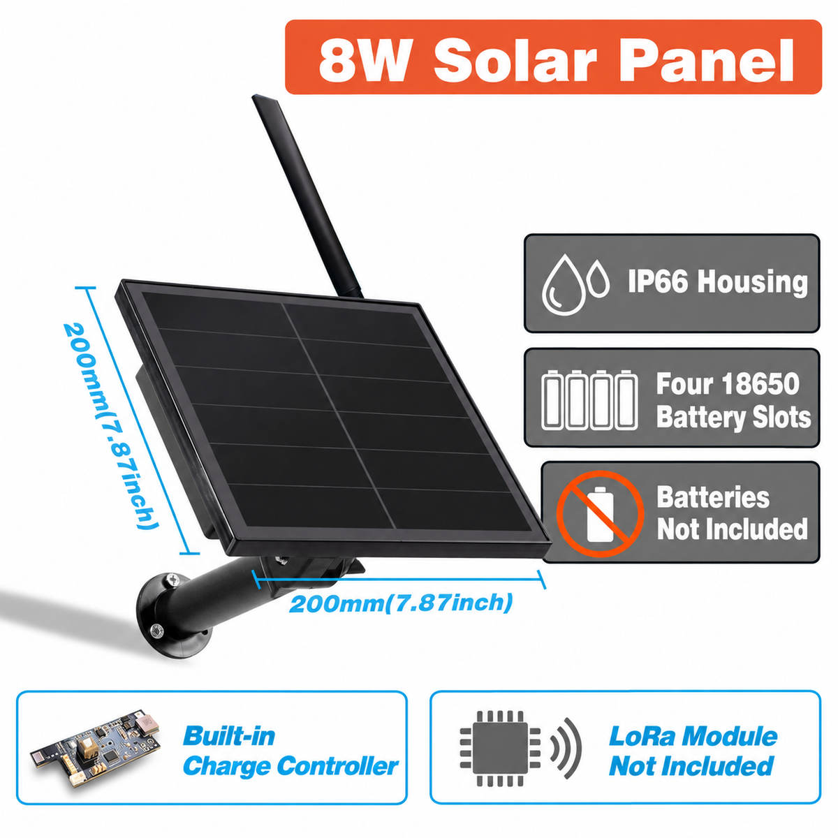 8W solar panel with adjustable mounting bracket, 200 mm dimensions and four 18650 battery slots