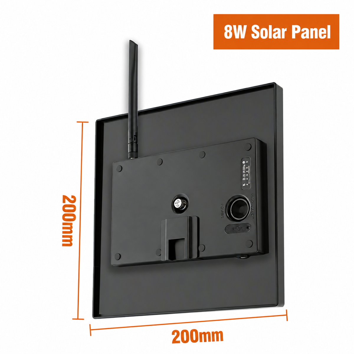 Rear enclosure of the 8W solar panel with status indicators, mounting point and 200 mm dimensions