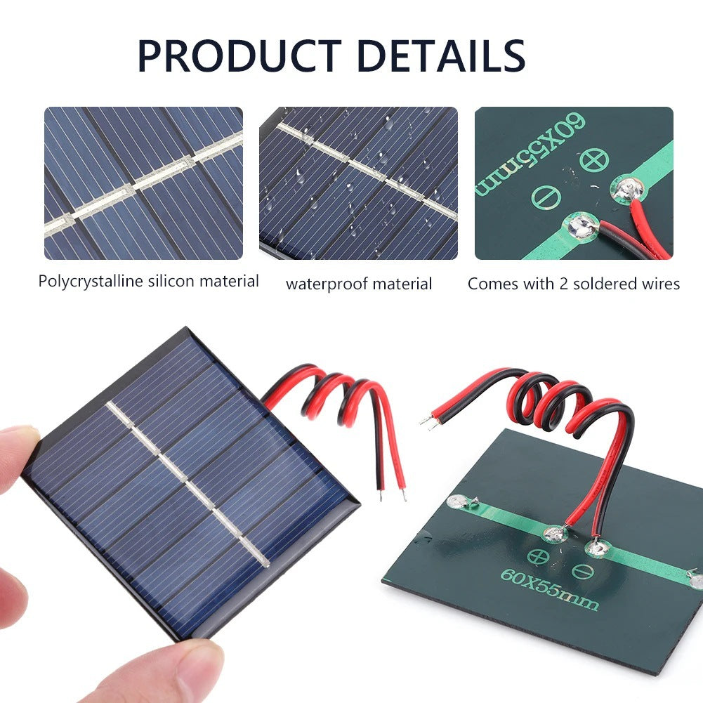 0.55W 3V Epoxy Mini Solar Panel with Wires, 60 × 55mm — product detail collage