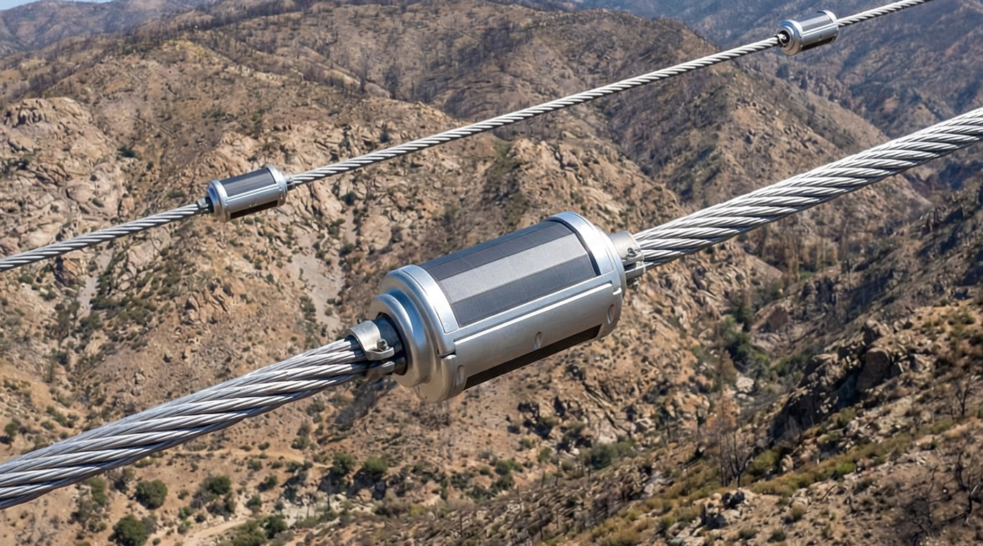 Sensors on transmission lines over dry terrain for wildfire monitoring.