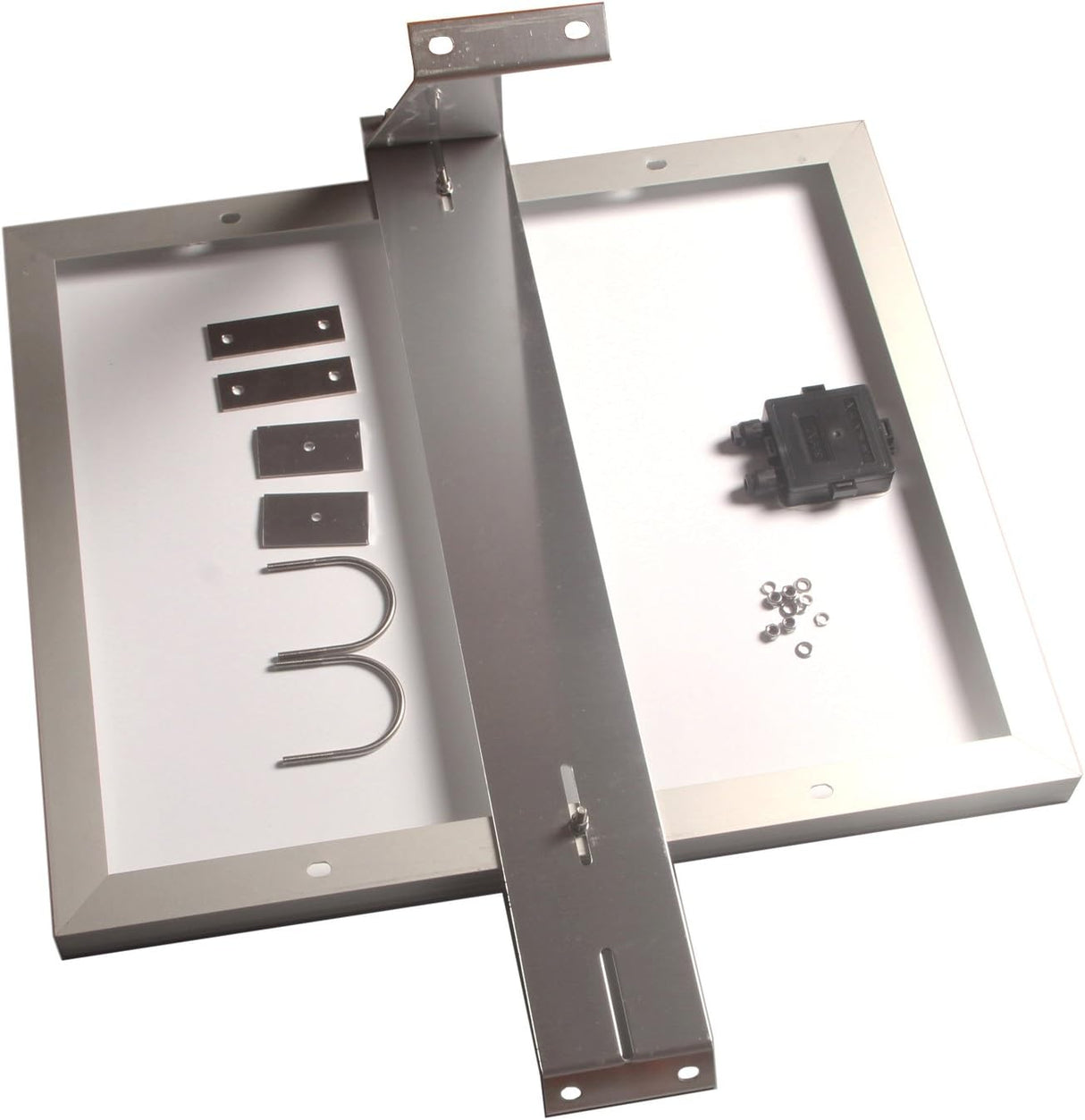 Adjustable solar panel pole mount bracket kit with upper and lower aluminum brackets, U-bolts, hardware, and mounting accessories.