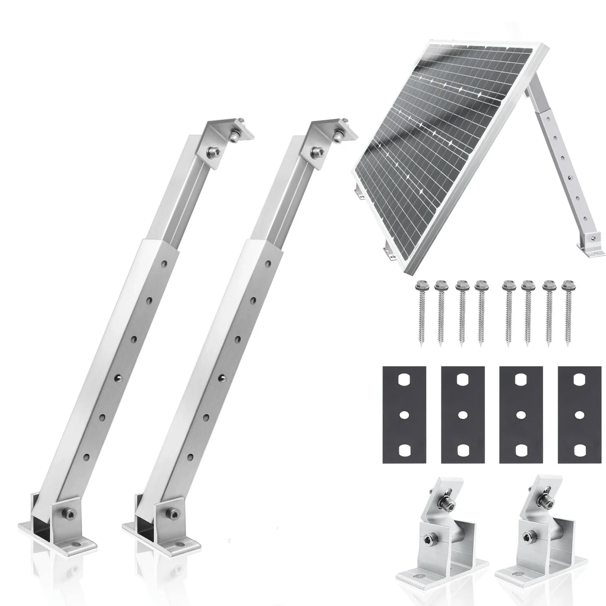 Adjustable solar panel tilt bracket kit with support legs, feet, plates, and fasteners