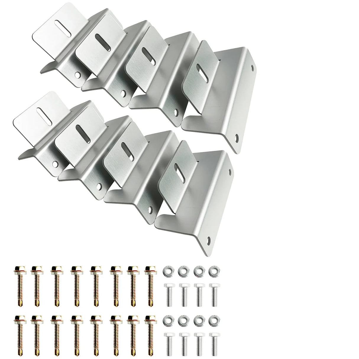 Four aluminum solar Z brackets with mounting bolts and washers