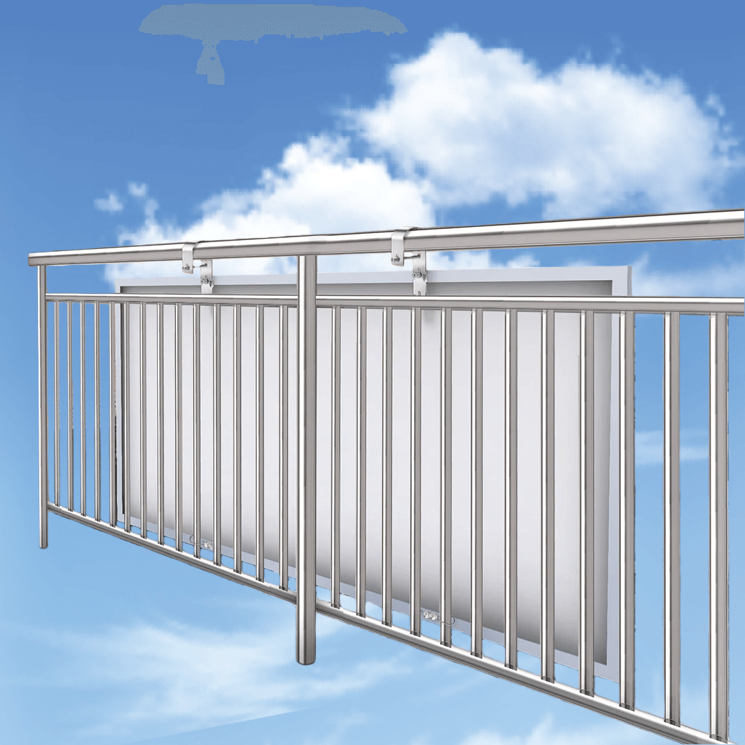 Rear view of the panel suspended from balcony hooks against a blue-sky background.