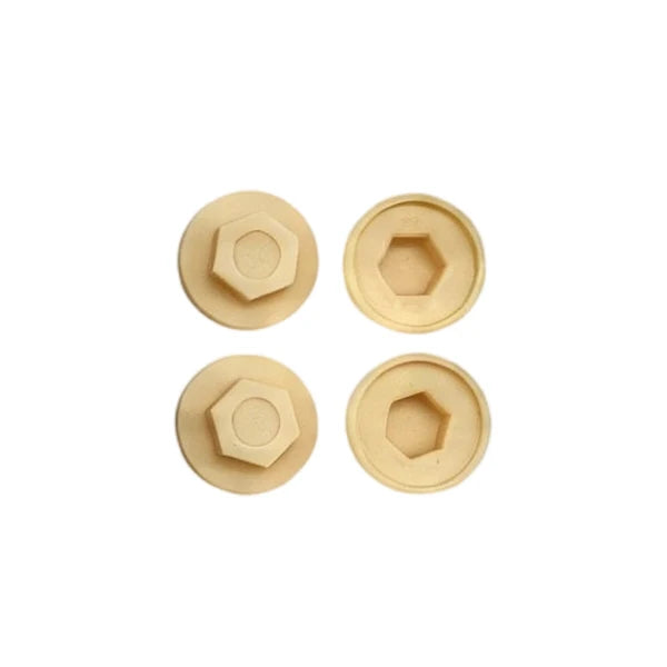 Beige plastic hex head screw caps shown from top and underside