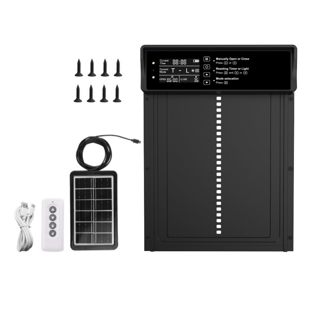 Black coop door configuration with LCD controls, solar panel, remote, cable and screws