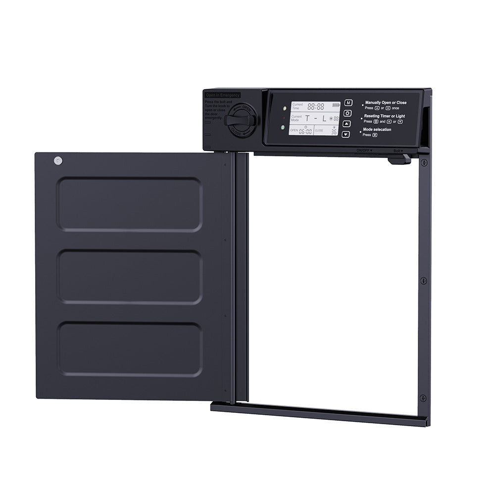 Black coop door frame and separate door panel with controller and manual-release knob