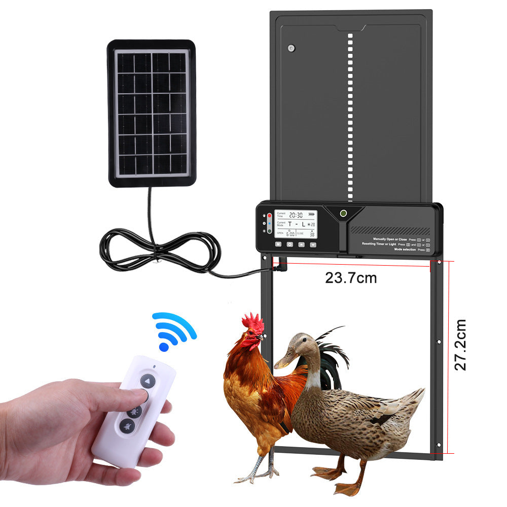 Solar coop door configuration with 23.7 x 27.2 cm opening, panel and remote