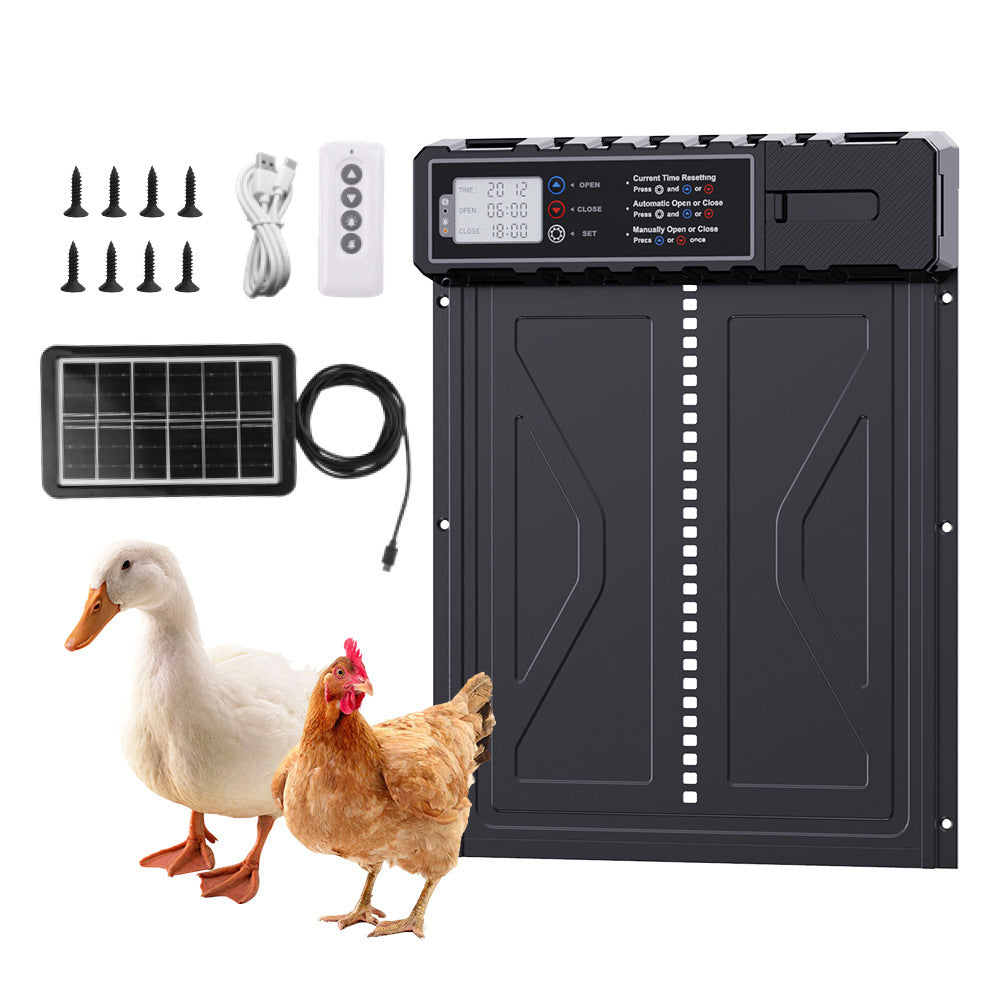 Black reinforced-panel coop door configuration with solar panel, remote and fixing screws