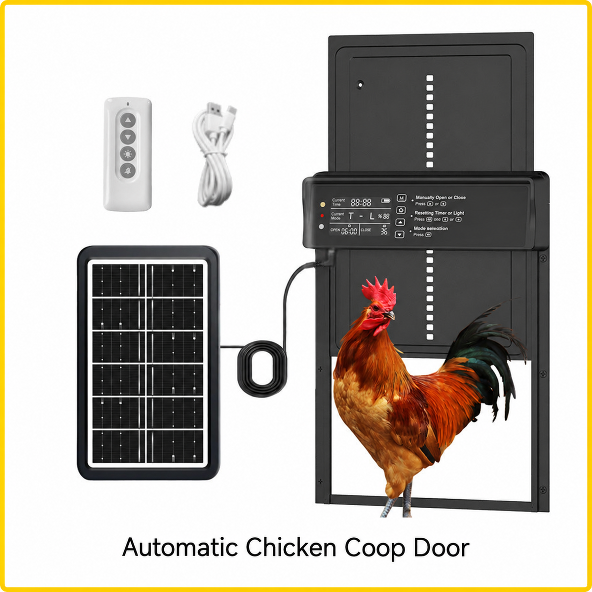 Black automatic chicken coop door kit with solar panel, remote, USB cable and rooster