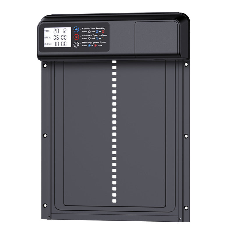 Black automatic coop door with timer display, colored buttons and mounting holes