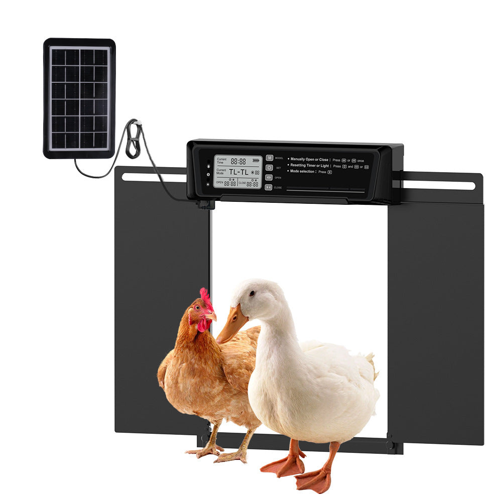 Wide black coop door assembly with solar panel, controller, chicken and duck