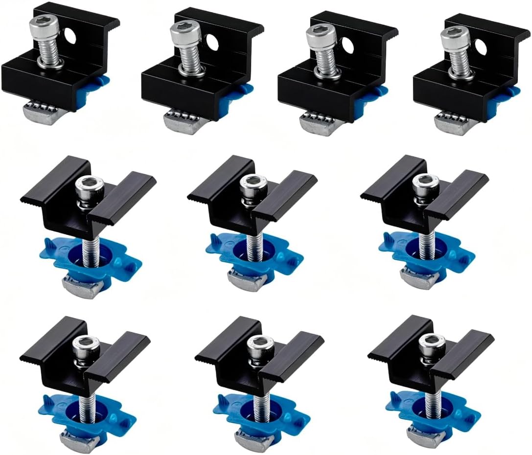 Four black end clamps and six black mid clamps for solar panels