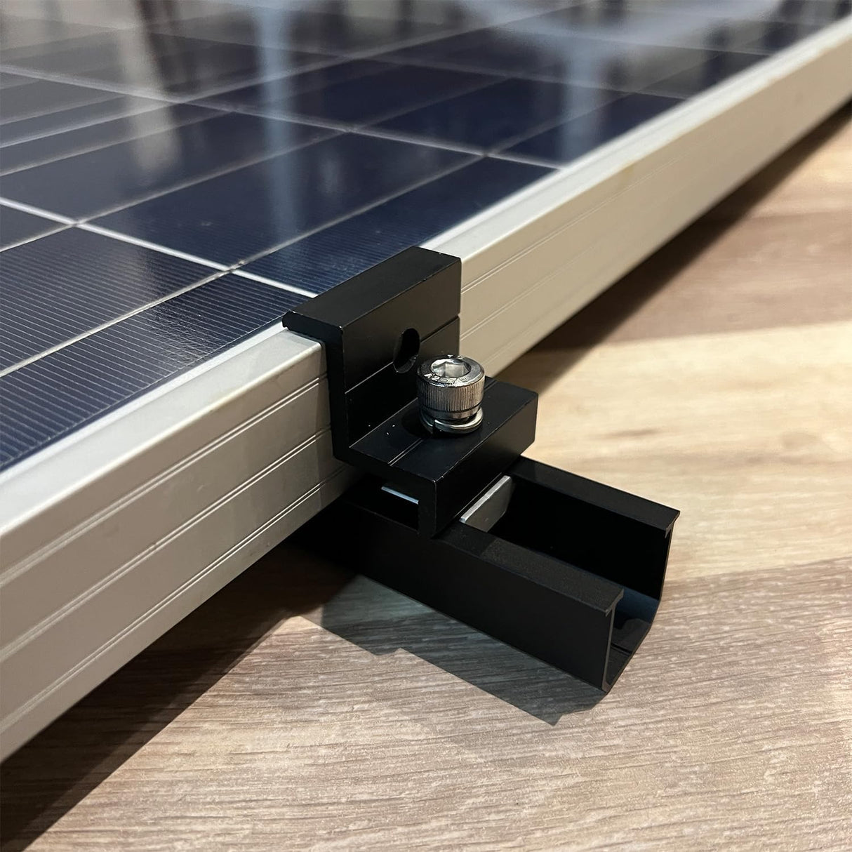 Black mini rail layout for roof-mounted solar panels