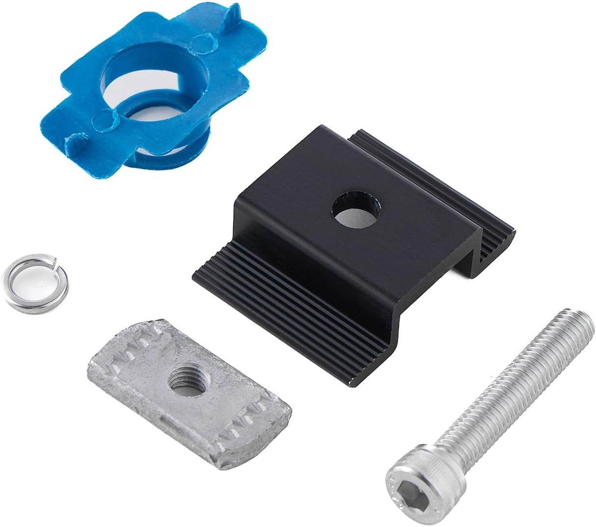 Black solar panel mid clamp with bolt, channel nut, washer, and retainer