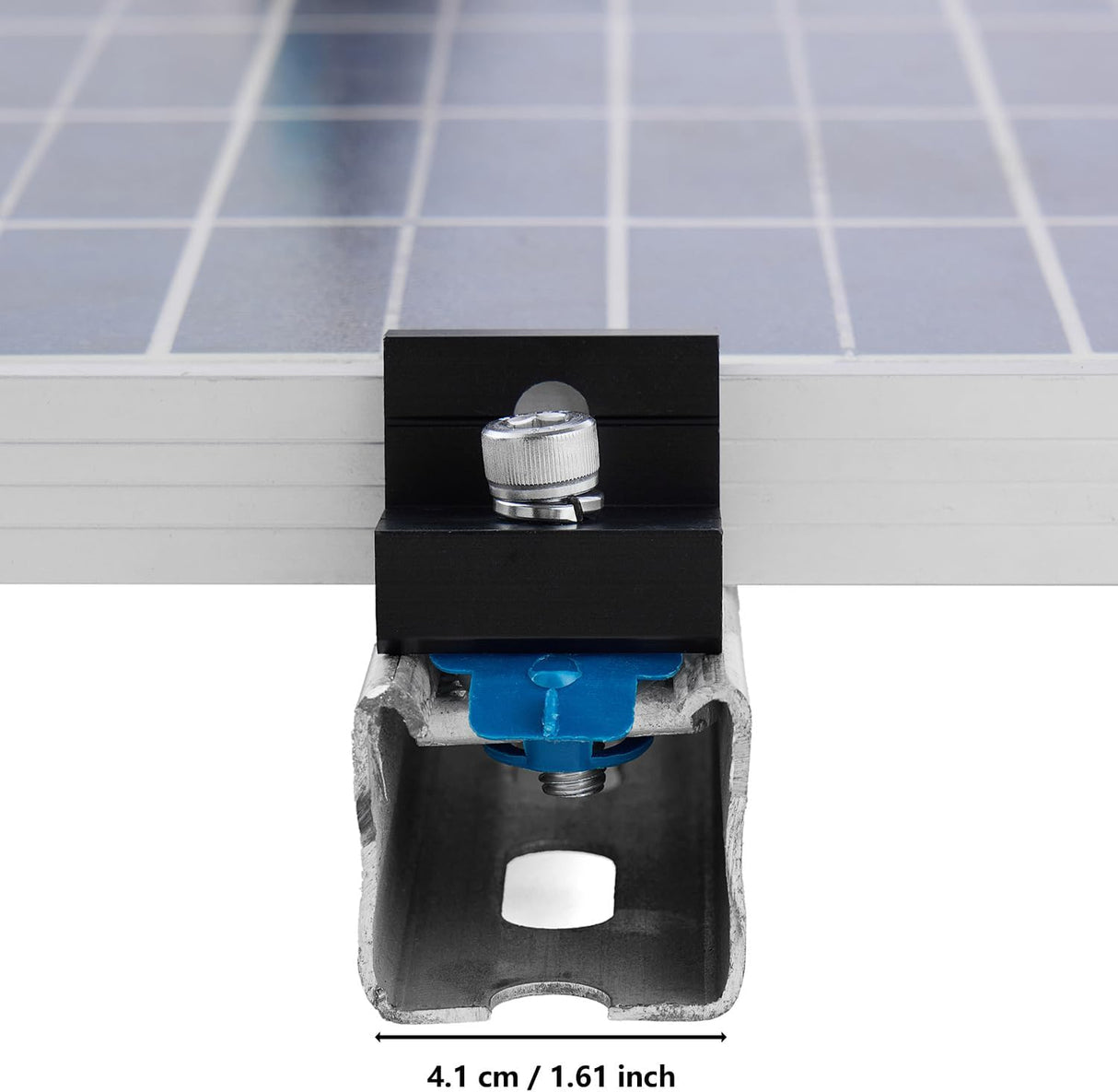 Black solar panel end clamp secured to a framed module
