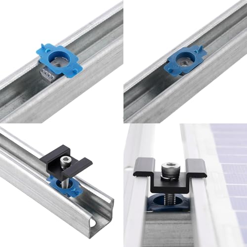 Black solar panel mid clamp installed on a strut rail