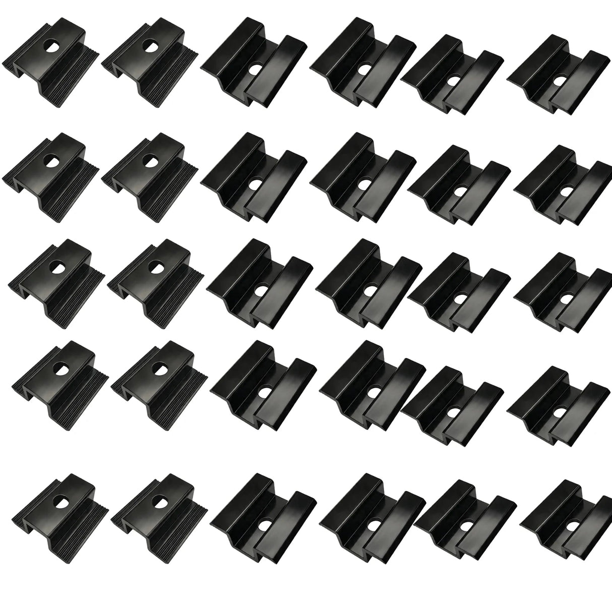 Multiple black solar panel mid clamps arranged in top and underside views