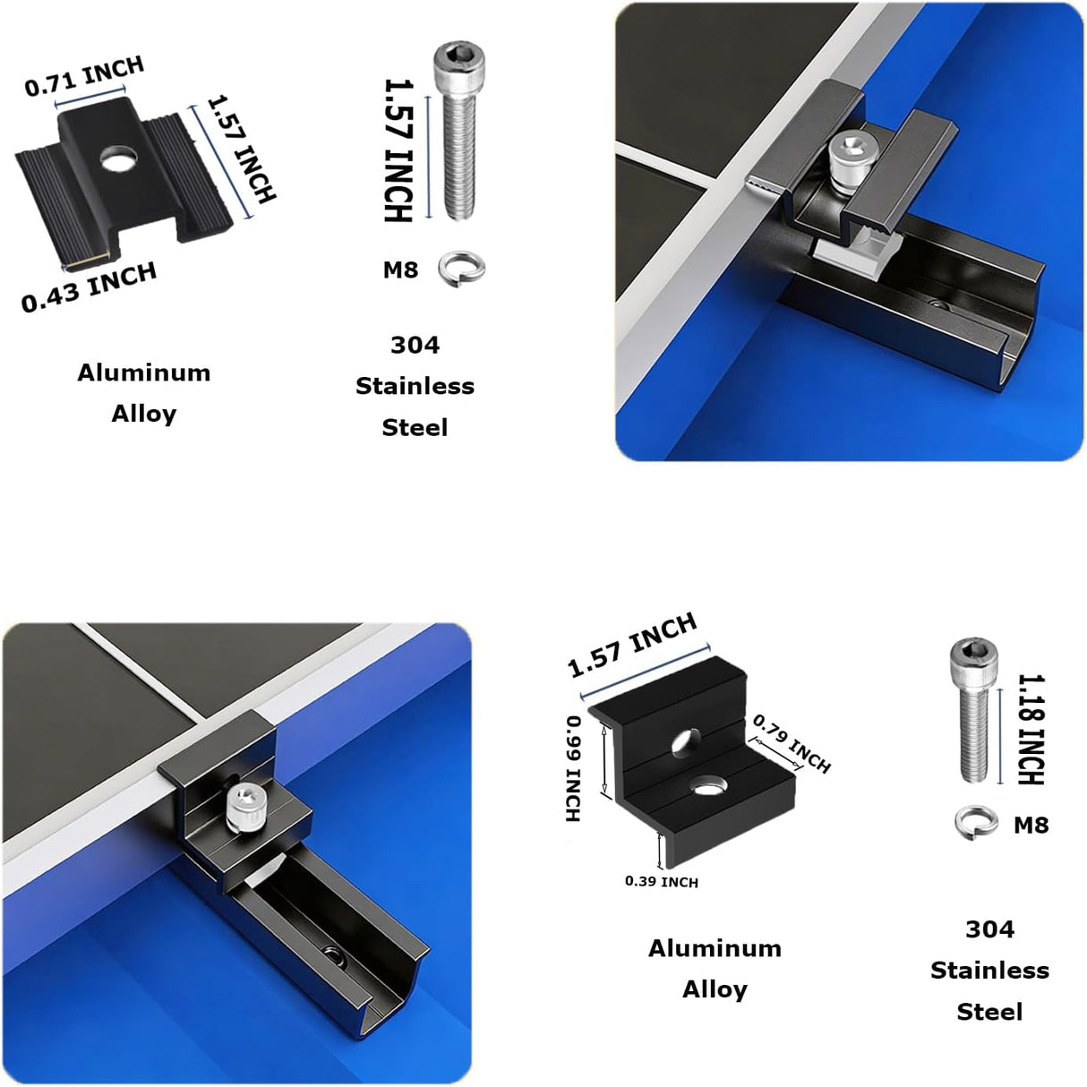 Black solar panel mounting clamps and rail detail