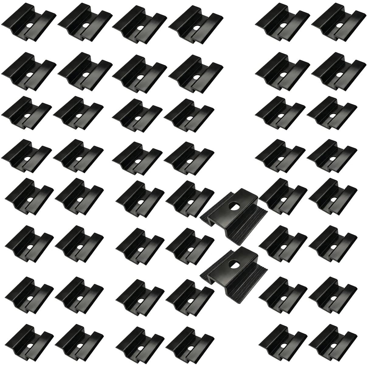 Bulk quantity of black solar panel mid clamps on a white background