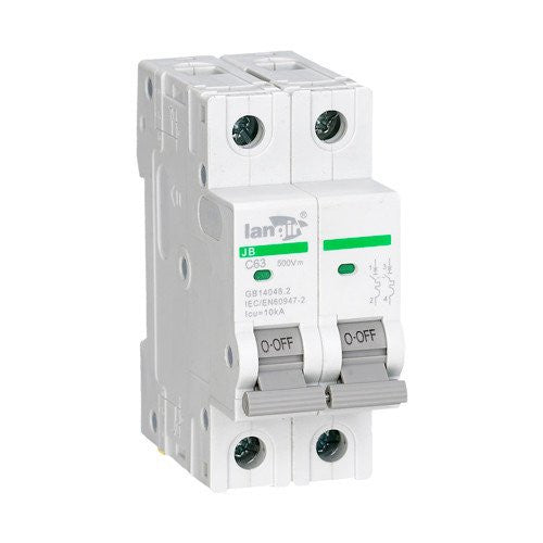 Two-pole DC circuit breaker with twin levers and labeling for PV DC use, front angle view.