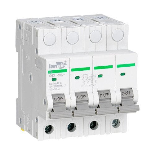 Four-pole DC circuit breaker with four levers and terminal knockouts, front angle view.