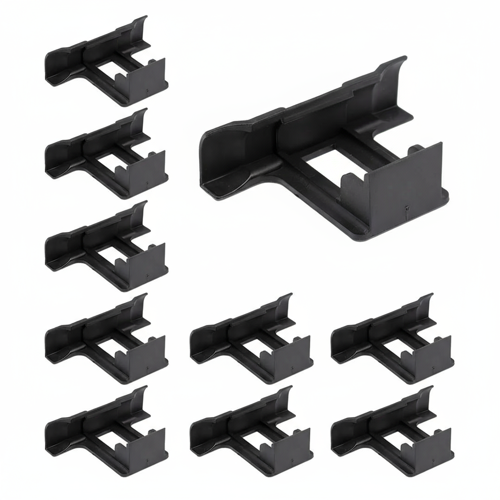 Ten black ABS water drain clips arranged in a grid, product overview.