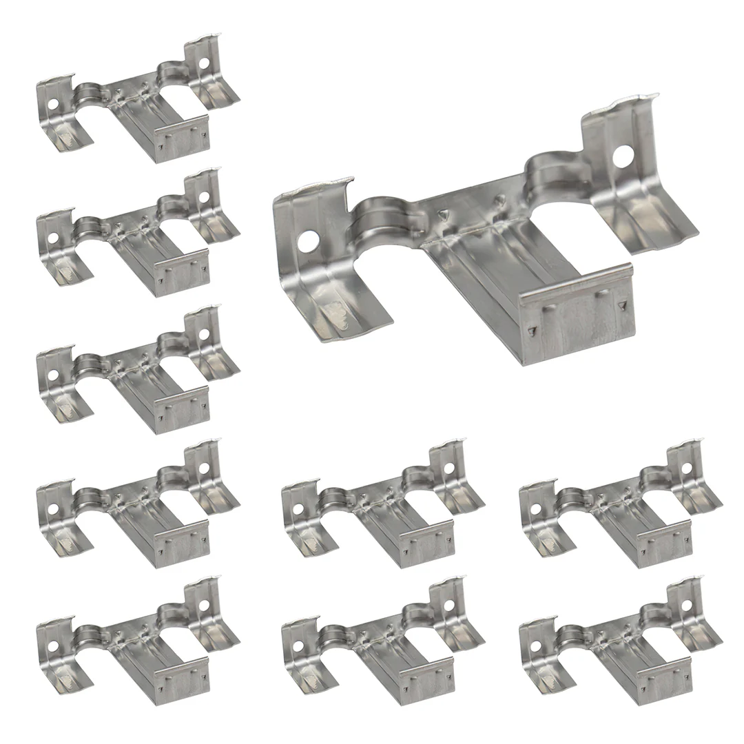 Alternate view of ten stainless steel drain clips arranged in a grid.