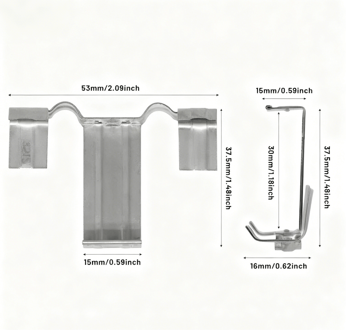 Alternate grayscale size diagram of the stainless drain clip with dimensions.