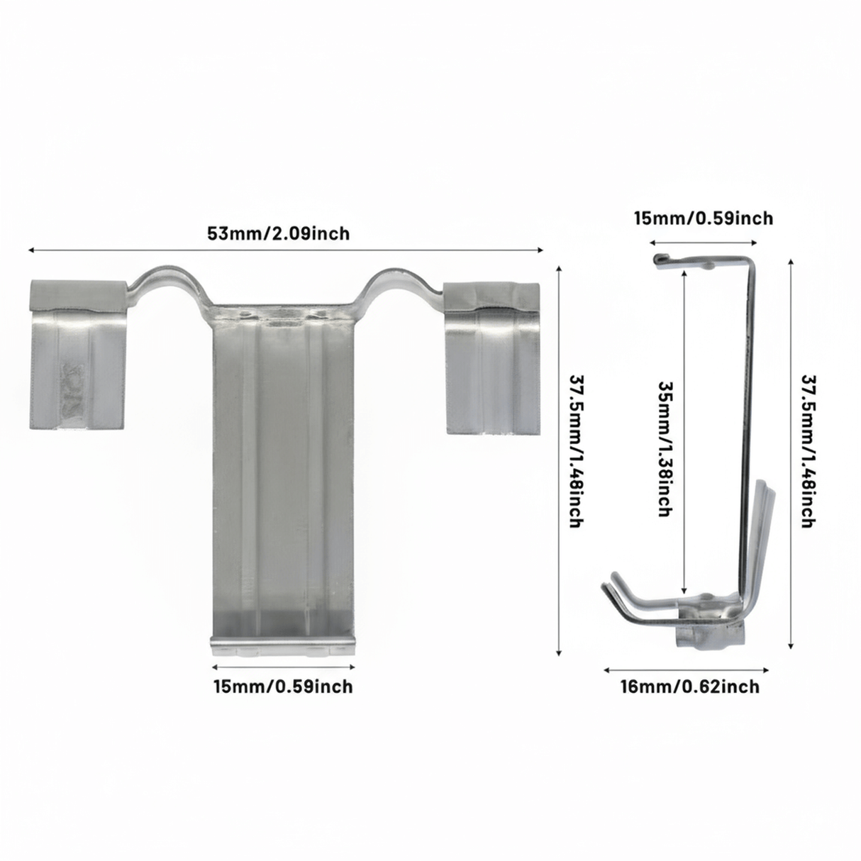 Size diagram of the stainless steel water drain clip with measurements labeled.