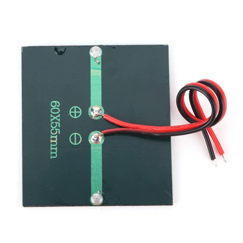 0.55W 3V Epoxy Mini Solar Panel with Wires, 60 × 55mm — marked 60 × 55mm panel rear