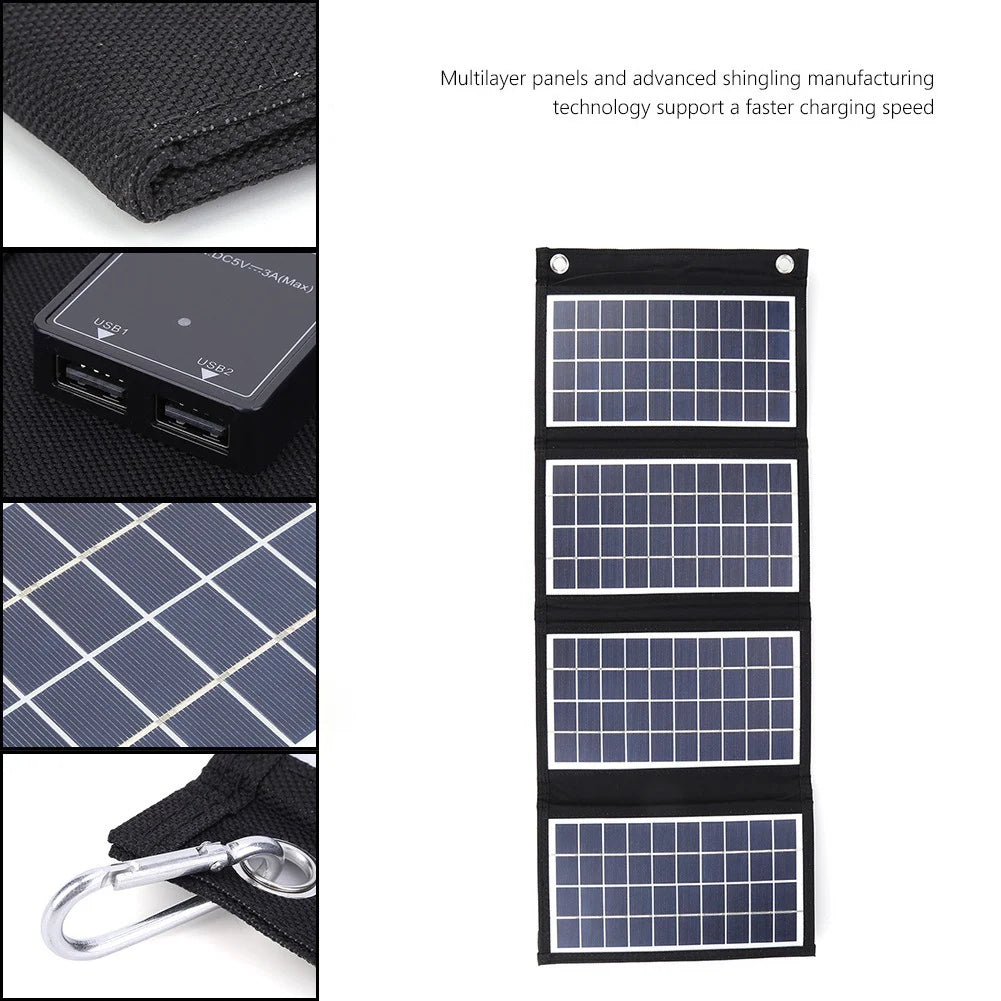 10W, 15W or 20W EVA Folding Solar Charger with Dual USB-A — four-fold panel and port close-ups