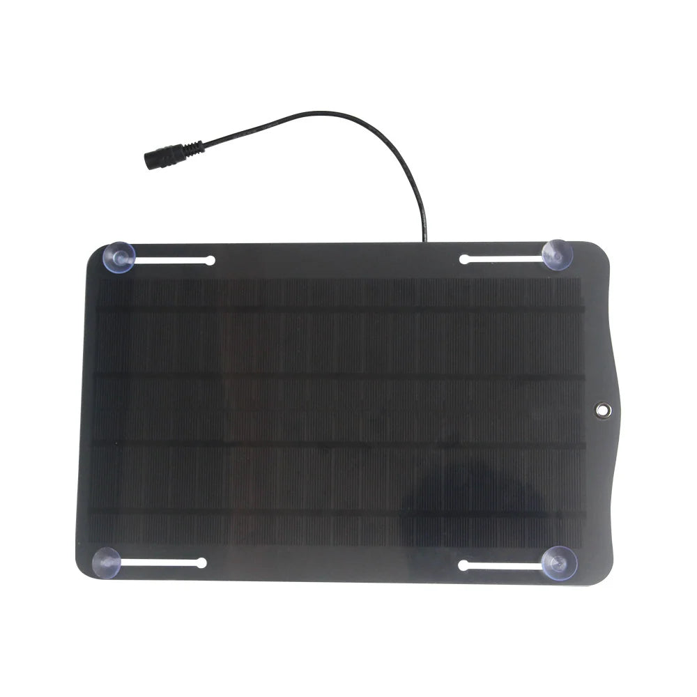 10W 18V Solar Battery Maintainer with Car Plug and Clip Leads — panel with suction cups