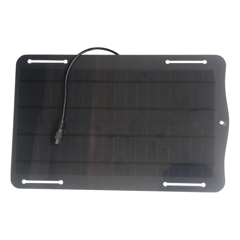 10W 18V Solar Battery Maintainer with Car Plug and Clip Leads — panel front and DC lead