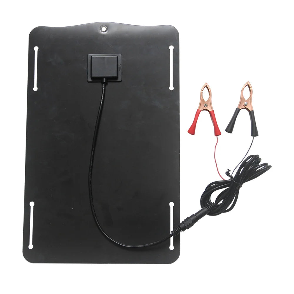 10W 18V Solar Battery Maintainer with Car Plug and Clip Leads — rear panel with clip leads