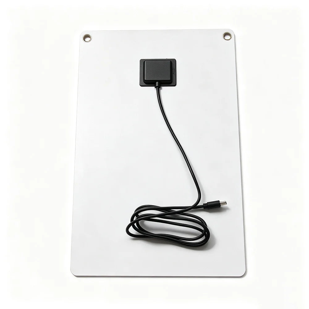 11W 12V Solar Panel with 1m USB-C Cable and Carabiners — white panel rear and junction