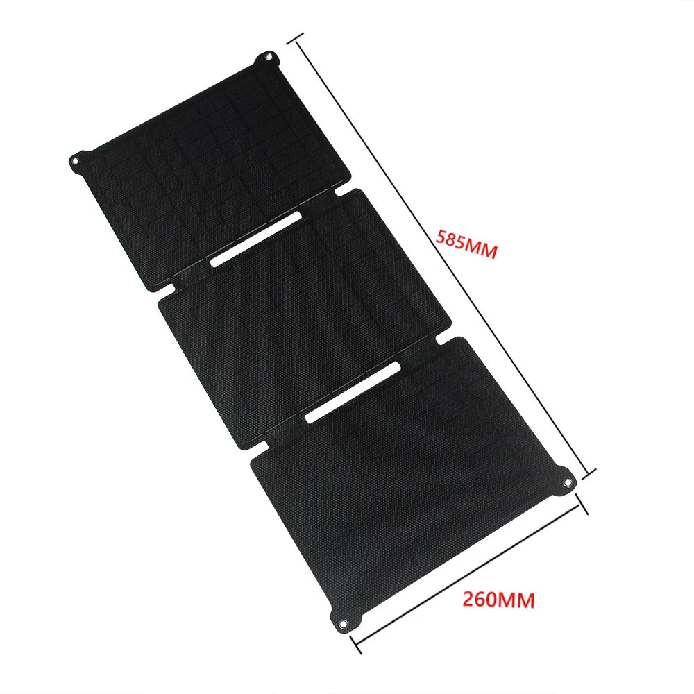 21W ETFE Three-Fold Solar Charger with USB-C, USB-A and DC — open panel with size diagram