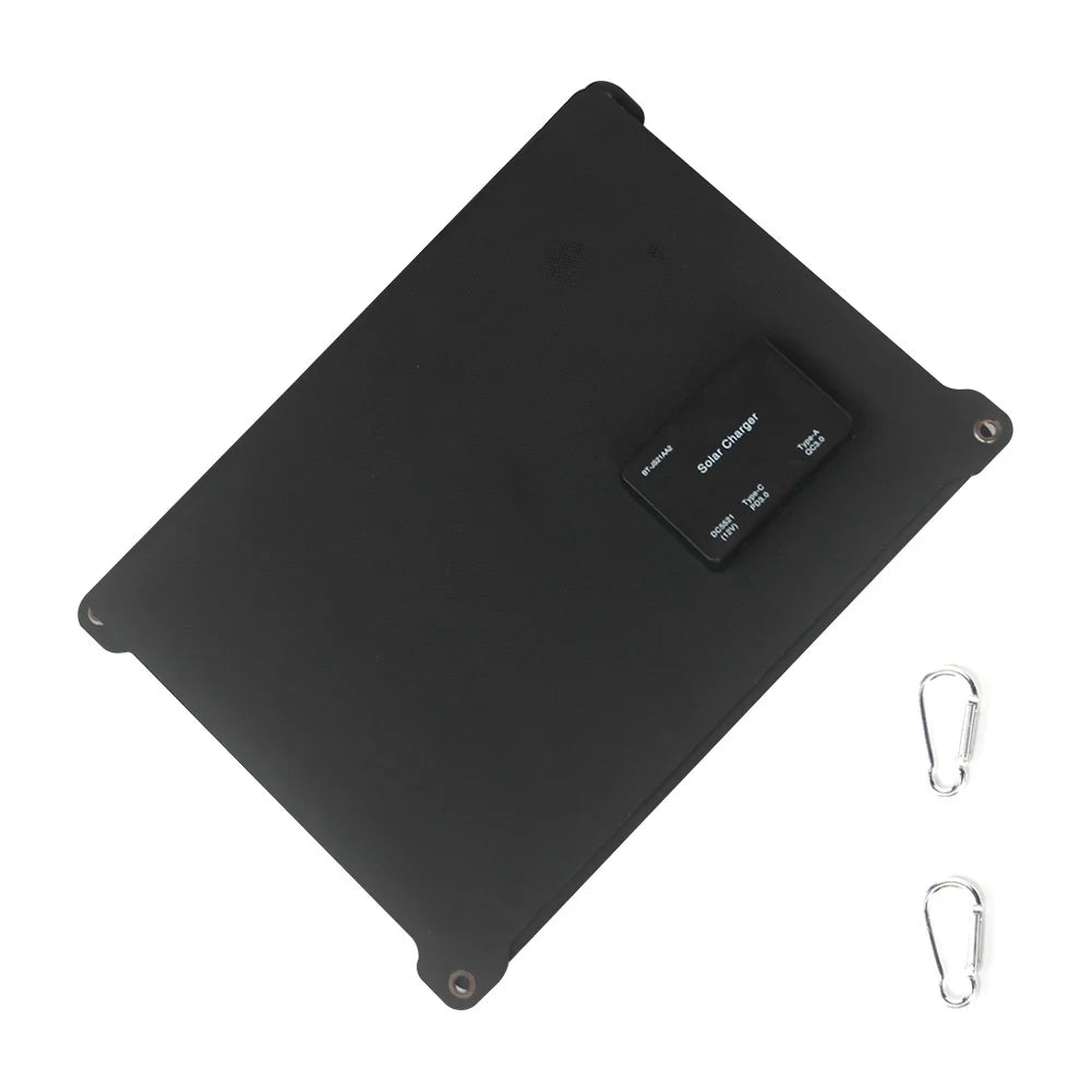 21W ETFE Three-Fold Solar Charger with USB-C, USB-A and DC — folded panel and carabiners