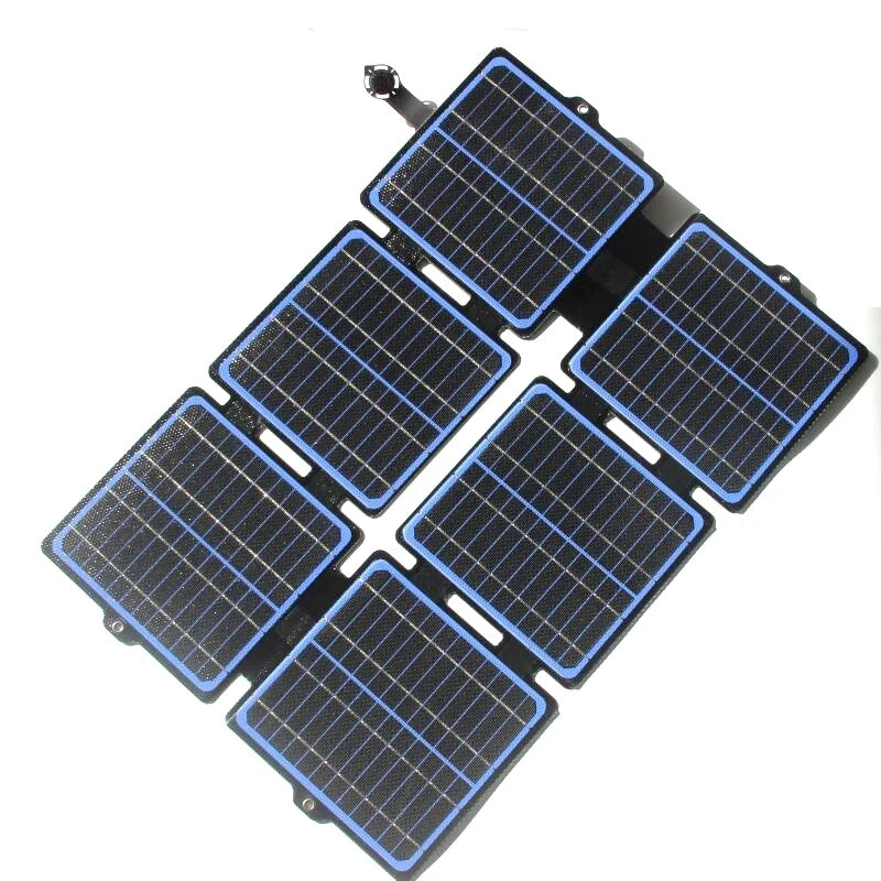 30W ETFE Six-Fold Solar Charger, Blue or Black, USB and DC — blue six-fold solar panel open
