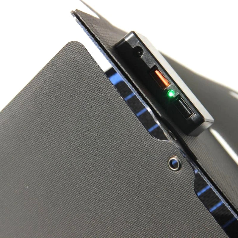 30W ETFE Six-Fold Solar Charger, Blue or Black, USB and DC — output port close-up