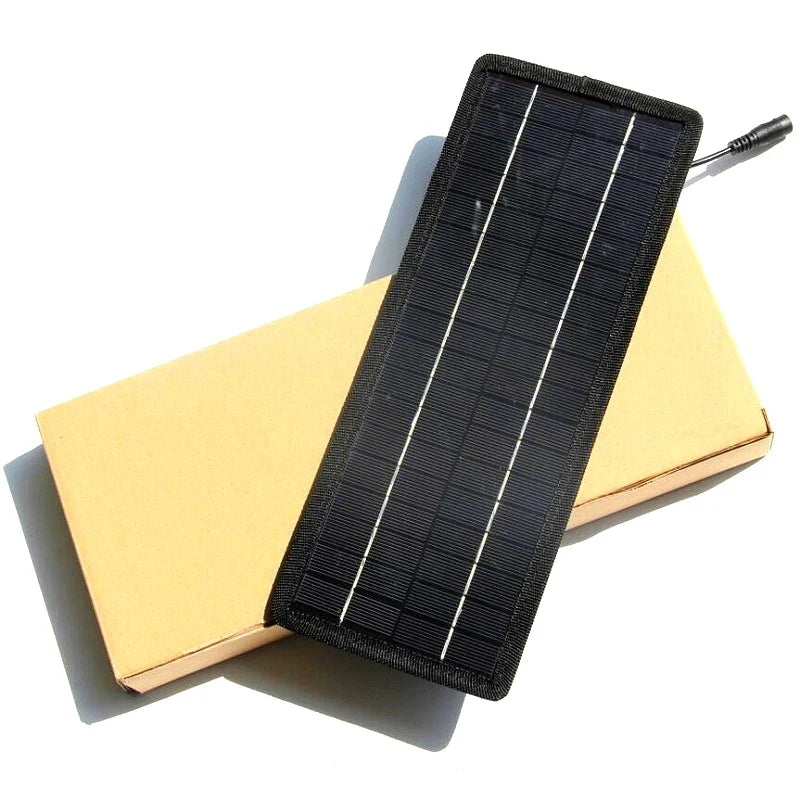 4.5W 18V Solar Battery Maintainer with Car Plug and Clips — panel on packaging box