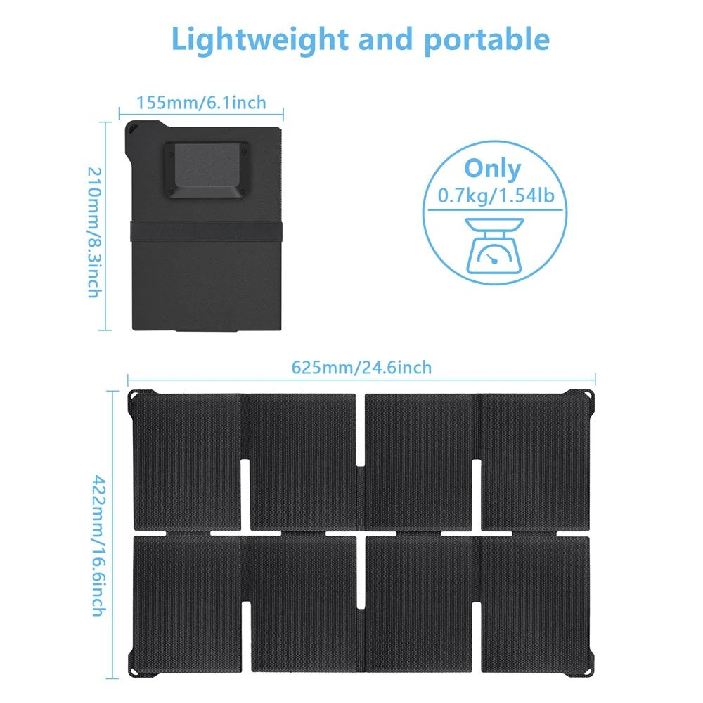 45W ETFE Foldable Solar Charger with USB-C, USB-A and DC — folded and open dimensions