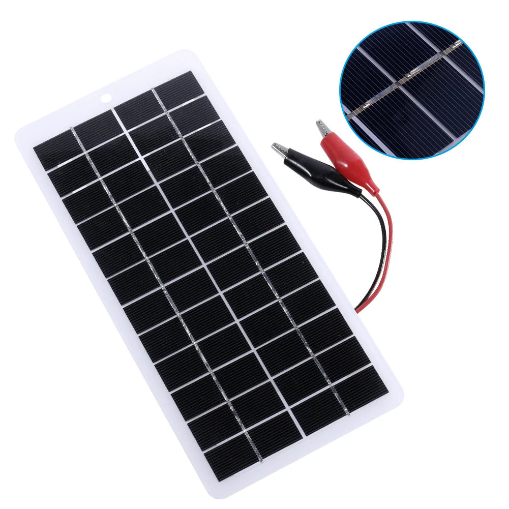 5W 12V Solar Panel with Alligator Clip Lead, 250 × 120mm — cell surface close-up and clips