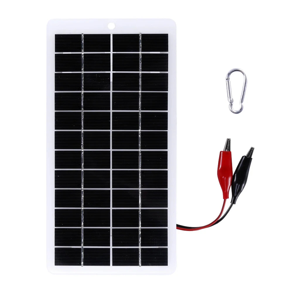 5W 12V Solar Panel with Alligator Clip Lead, 250 × 120mm — panel front with carabiner