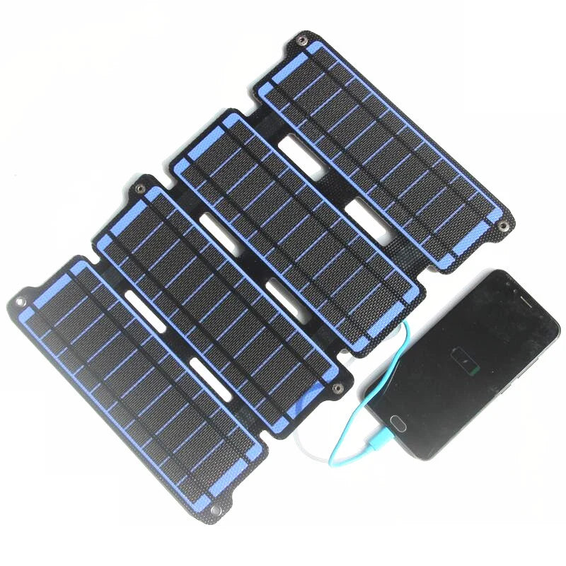 Blue four-section charger shown with a connected phone
