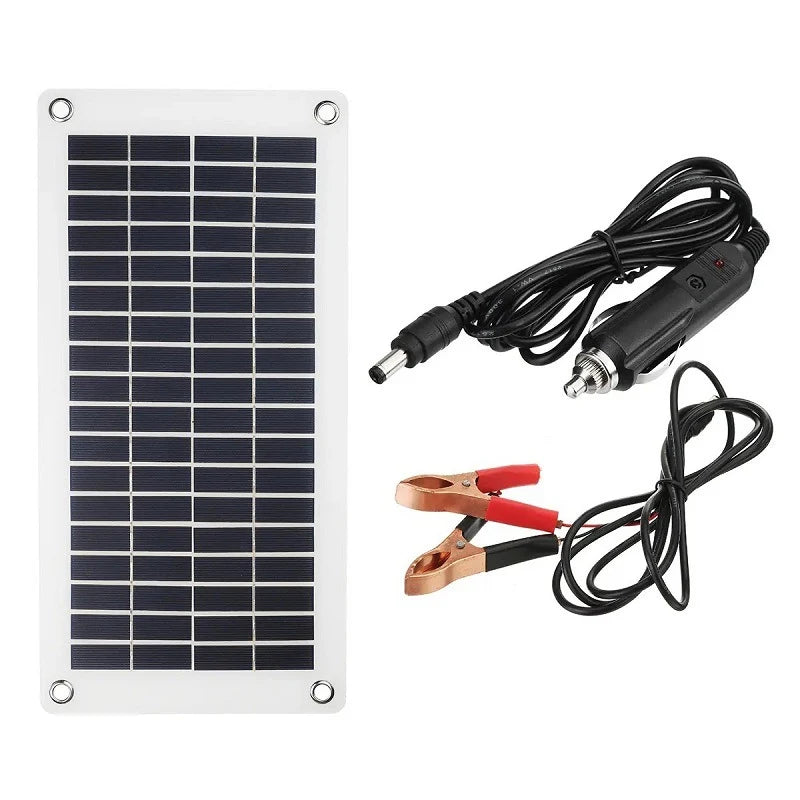 Solar panel with clamp and vehicle-socket leads
