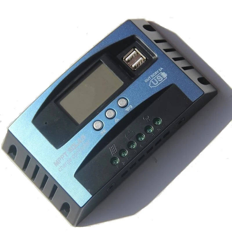 Blue controller with LCD, three buttons and two USB ports