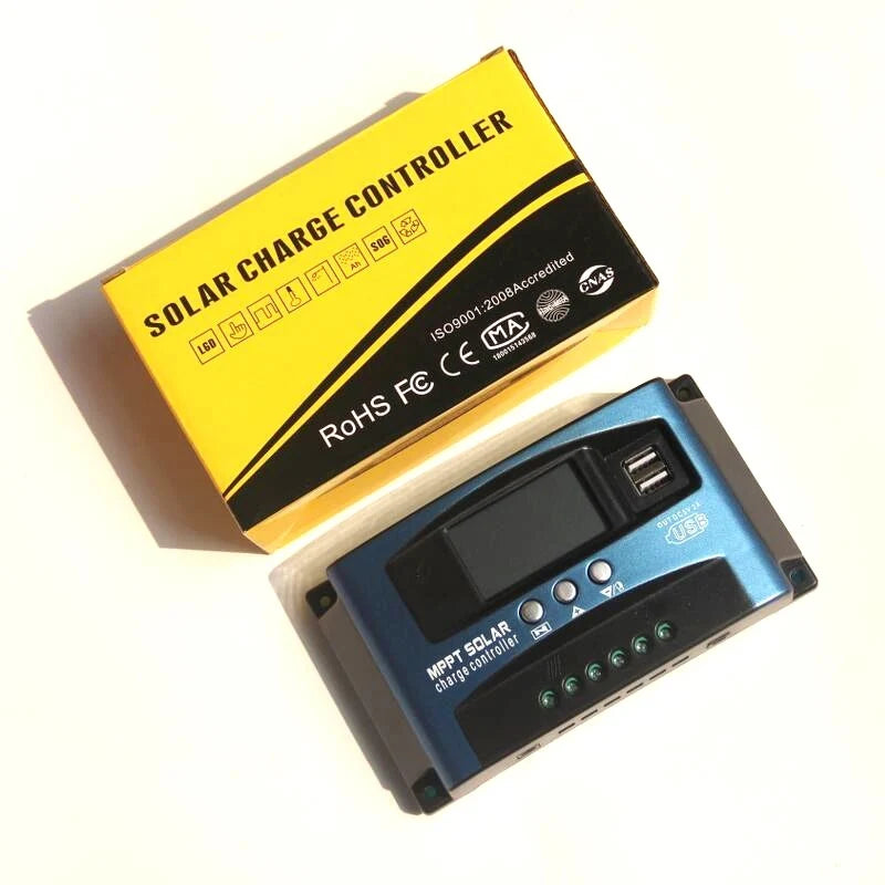 Solar charge controller beside product packaging