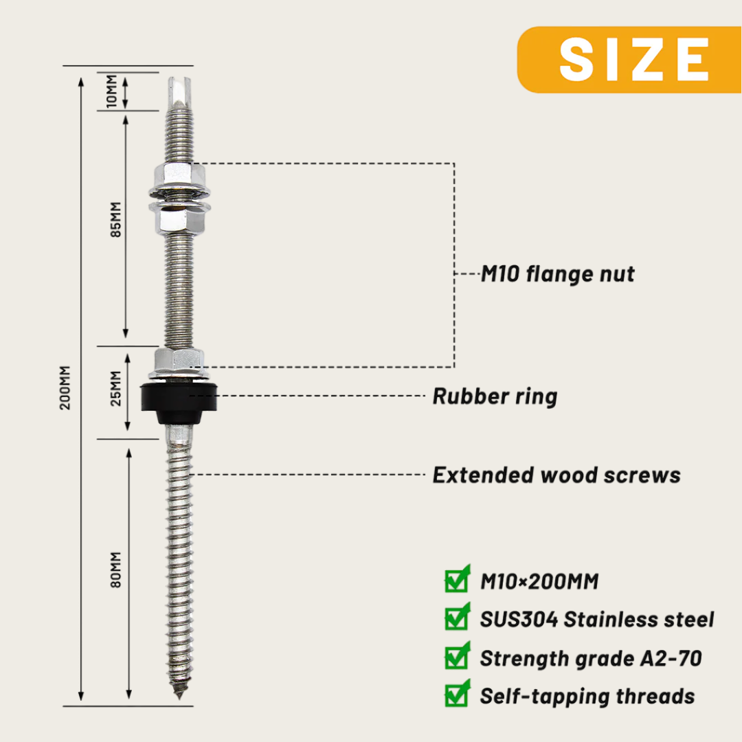 Size diagram of a 200 mm SUS304 hanger bolt with M10 flange nut, EPDM ring, and wood/machine threads.