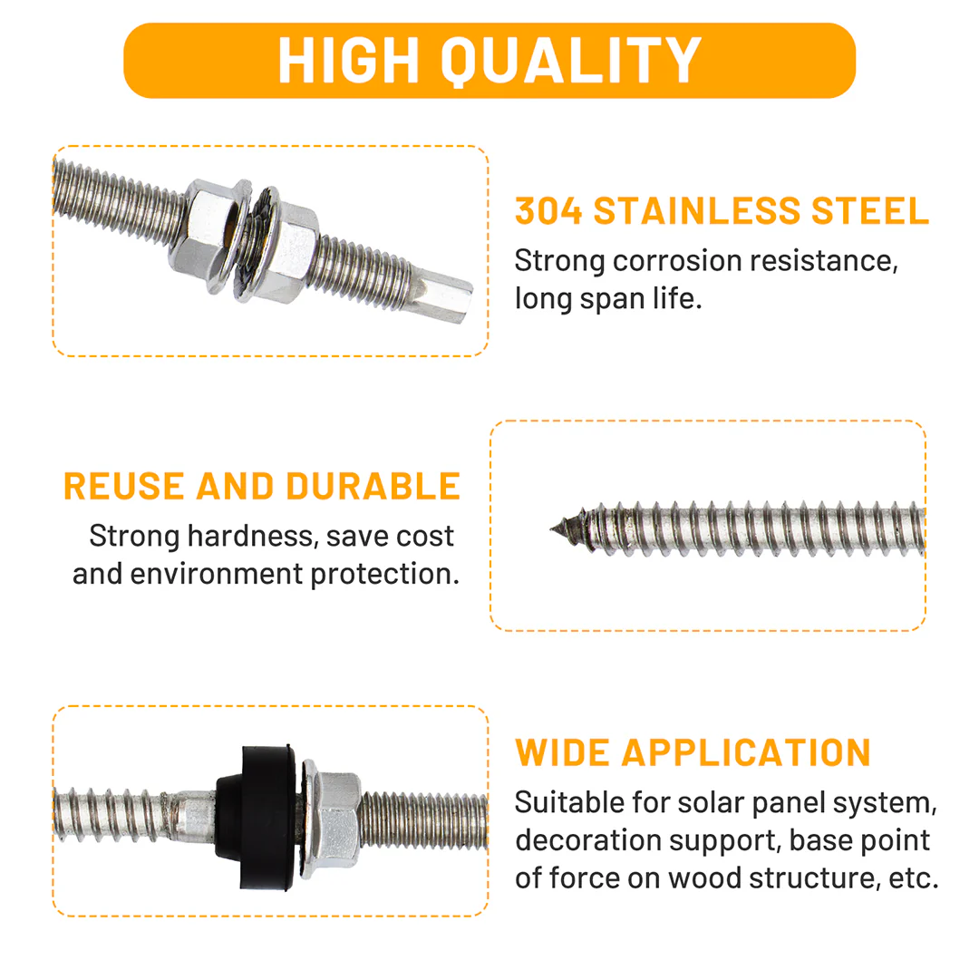 Close-ups highlighting 304 stainless steel, reusable durability, and wood screw thread with EPDM seal.
